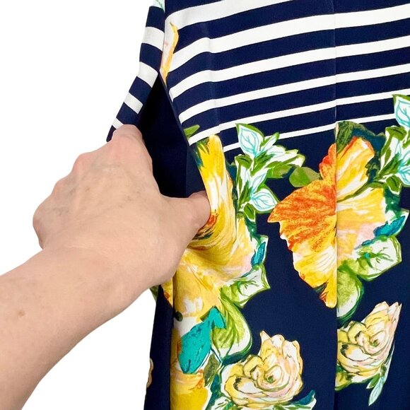 Dress 16W Dress Barn Navy Sleeveless Floral Striped Pockets Back Keyhole EUC - Picture 6 of 12